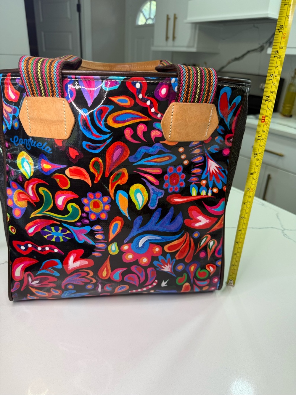 Consuela Floral Multicolor Medium Tote Bag Black Striped Handles Zip Pockets - Picture 9 of 9